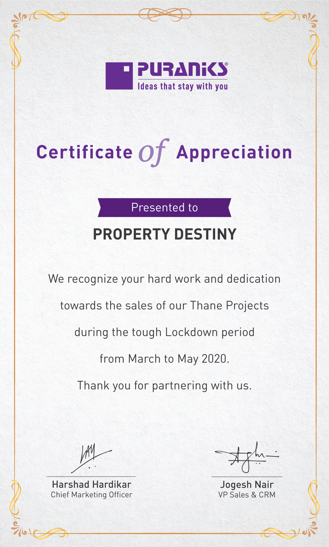 Appreciation from Puranik Group